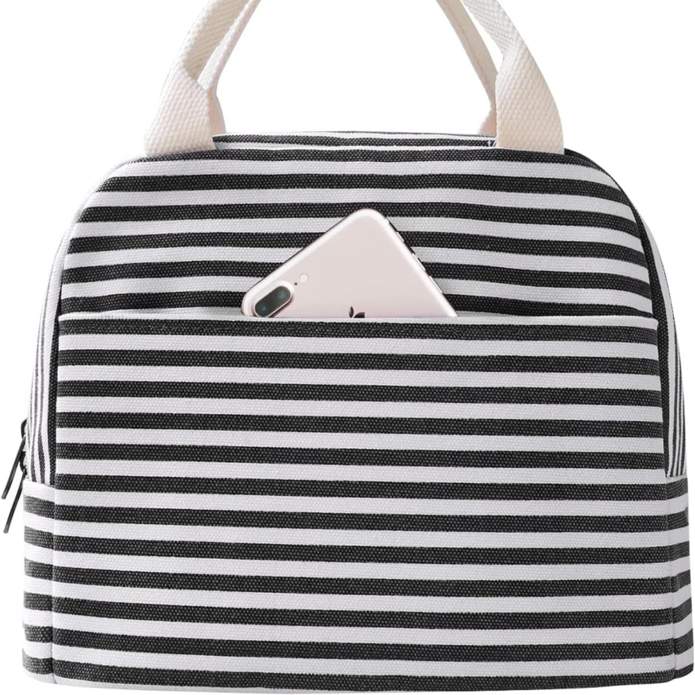 

Canvas Lunch Tote Bag for Women for Work with Black and White Stripes, Reusable Insulated Meal Prep Preppy Lunch Box Bag
