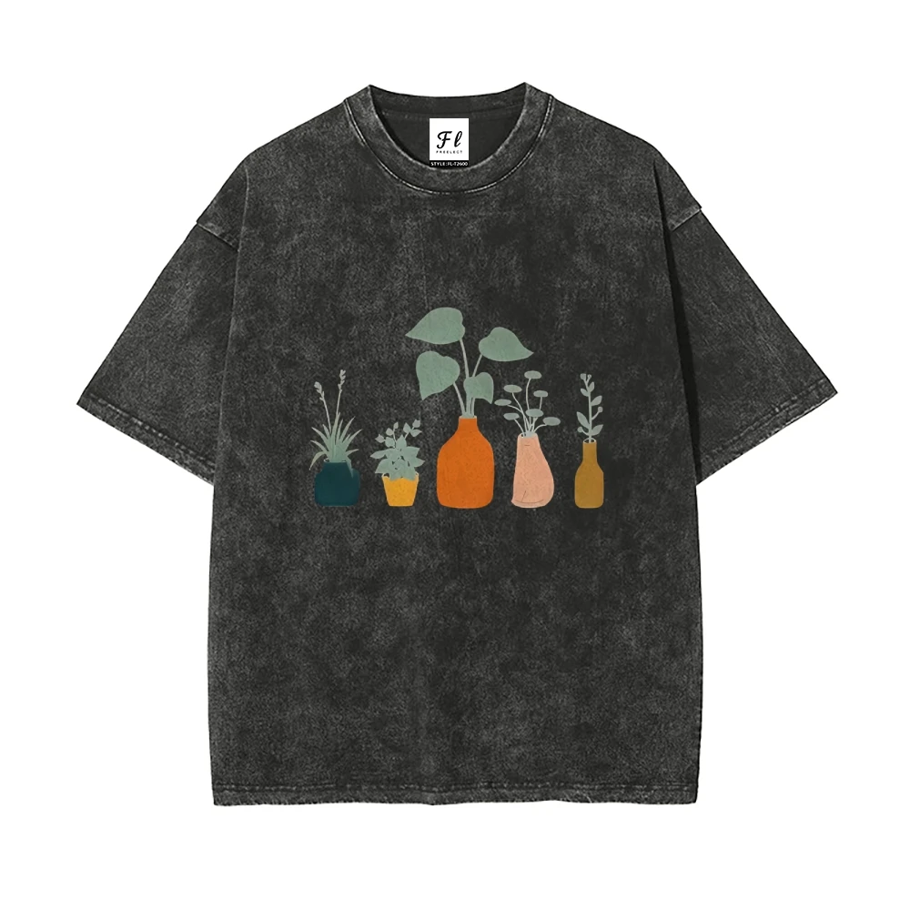 เสื้อยืดลายต้นไม้ในกระถาง ผ้าวินเทจ ล้างน่ารัก ฤดูร้อน ลำลอง หลวม แขนสั้น ผ่อนคลาย กราฟิก หวาน สบาย เสื้อ