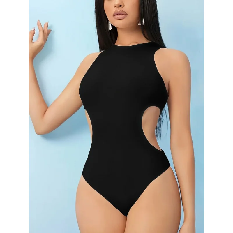 Sexy women's bodysuit, new summer style, black, slim fit, one-piece swimsuit, hides belly, a must-have for beach trips.