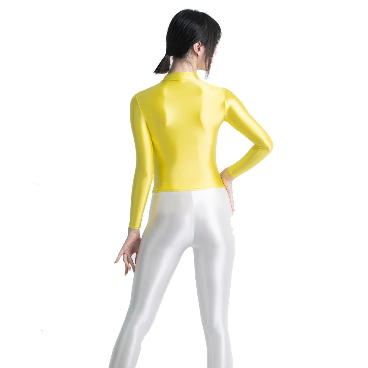 MJINM Glossy Silk Smooth Stretch Sporty Tops Yoga Pilates Fitness Undershirt Sleek Short Style High Neck Tight Gymnastic T-shirt