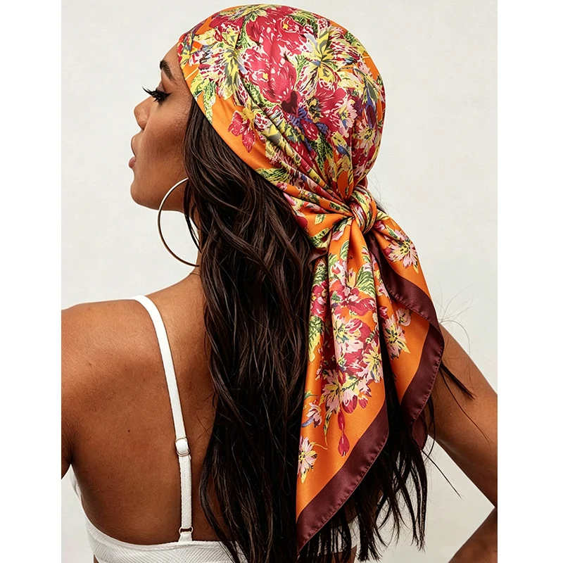 Neuer Simulierter Seidenschal für Damen mit Blumenmuster, Satin-Schals für Damen, Foulard Bandana Schals, Damen Halstuch 90cm Hijab