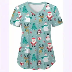 Ladies' versatile V-neck short sleeved T-shirt protective suit Christmas series Santa Claus reindeer 3D printed nurse uniform