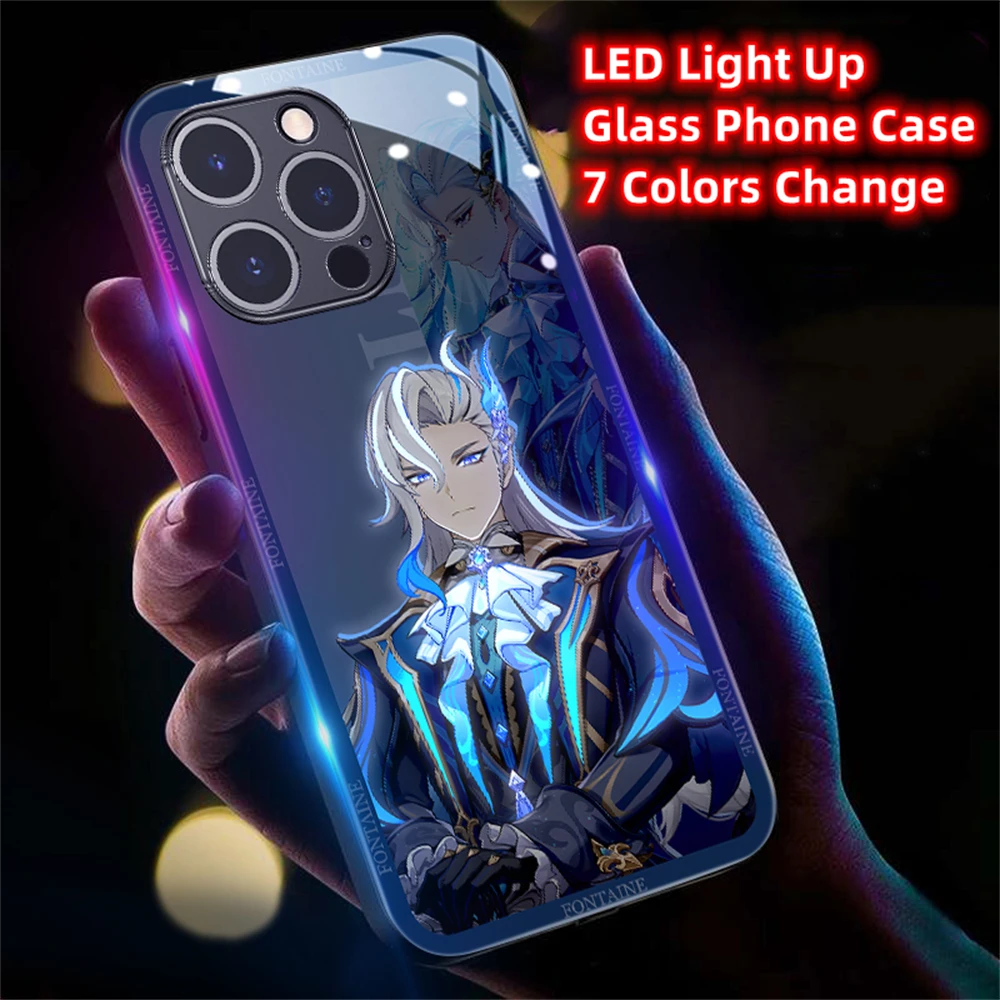 Water God Furina Role Luminous Glass LED Call Light Up Flash Phone Case Cover For Samsung S24 S23 S22 S21 S20 FE Note 20 Ultra