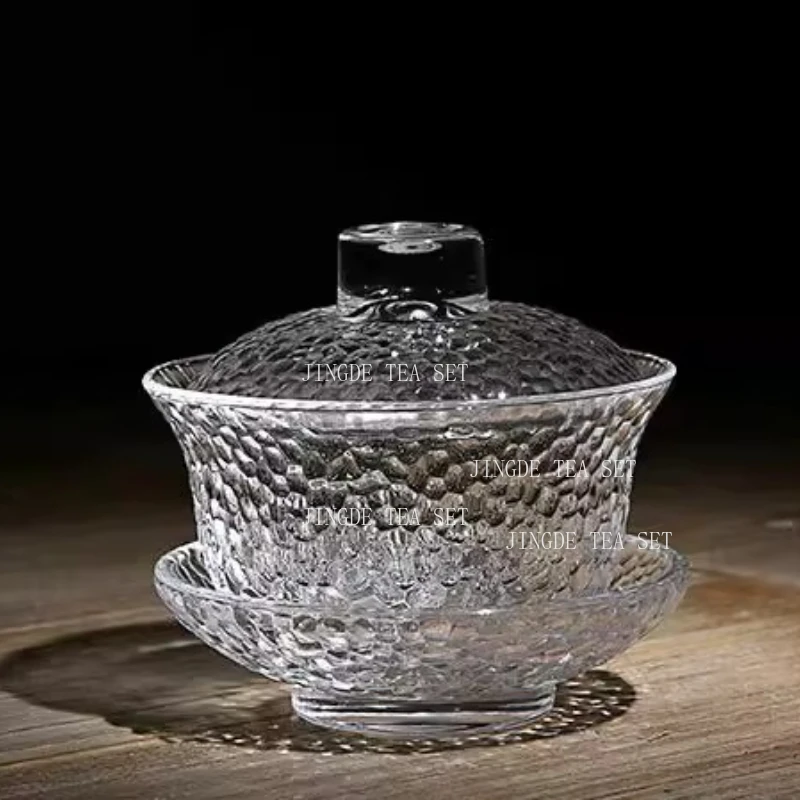 150 ml mit Glas überzogene Schüssel, hitzebeständig, mit Hammermuster, transparenter Kristall, San Cai-Teeschüssel, Teetasse, Trinkutensilien