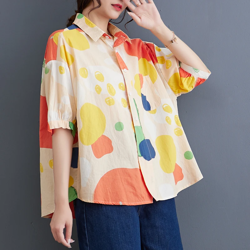 

M-2XL Loose Tops Blouses Cotton New Arrival Women Summer Short Sleeve Casual Loose Retro Vintage Print Button Shirts