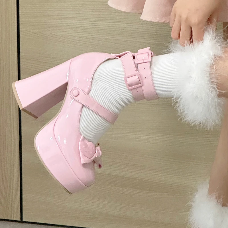 Platform Mary Jane Ladies High Heels 2023. Luxury Chunky Heel Sweet Women Bowknot Buckle Strap Lolita Shoes Female Cosplay Pumps