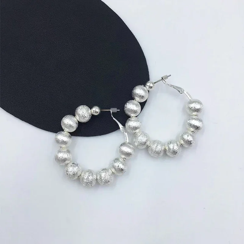 New Trendy Copper Ball Beaded Hoop Earrings for Women 2022 Korean Delicate Brushed Frosted Circle Ear Jewelry Accessories