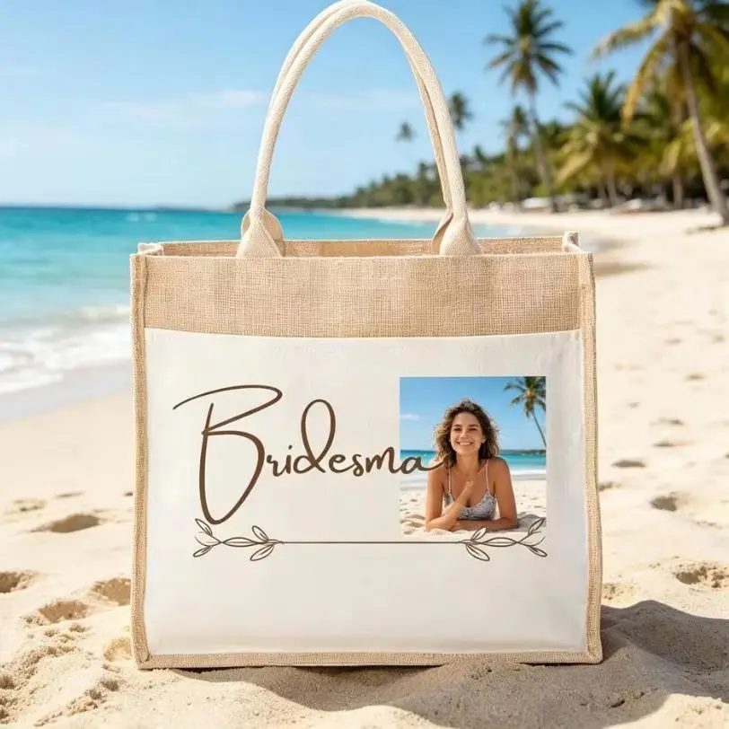 Custom Beach Jute Bag Personalized with Name and Photo Lightweight Burlap for Summer Vacation Swim Gift