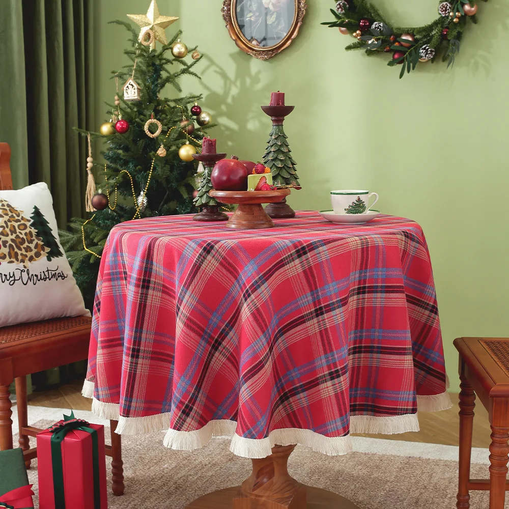 Round Christmas Tartan Tablecloth With Tassels Red Plaid Table Cover Retro American Style for Xmas Holiday Party Dining Table