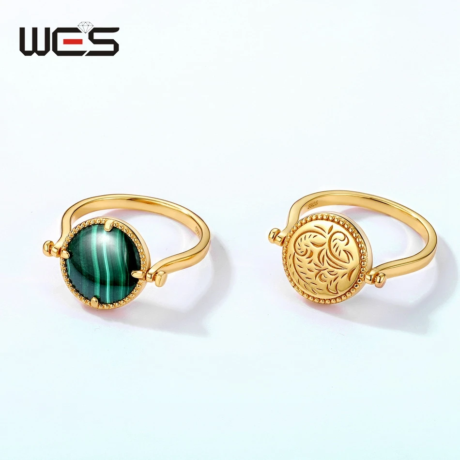 WES 925 فضة خواتم للنساء للتدوير الطبيعي 10 مللي متر الملكيت الأخضر الأزرق الرمال ريترو خمر المجوهرات بالجملة #6