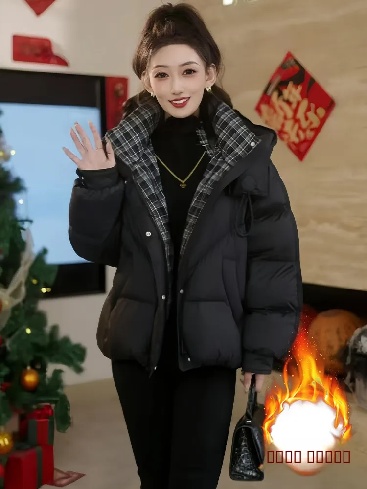 

Faionable Fluffy Hooded Cotton Jaet Women's ort Sle Warm Outerwear Winter Trendy Coat Korean Loose Fit Zipper Closure