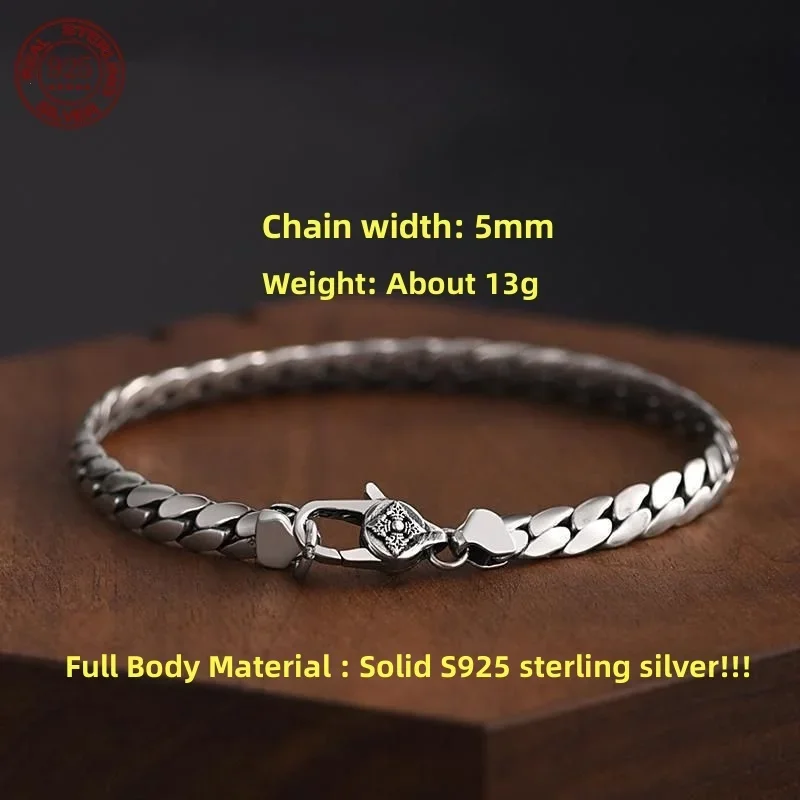 Real S925 Sterling Silver Fashion Simple Elegant Cuban Bracelet for Men and Women Handwoven Riding Crop Chain Jewelry Gifts