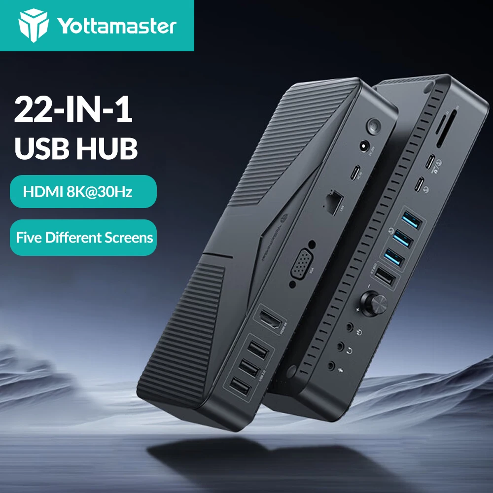 

Yottamaster 22-IN-1 8K@30Hz USB HUB Type C to DP HDMI-Compatible 5 Different Display RJ45 PD with Volume Adjust Power Adapter