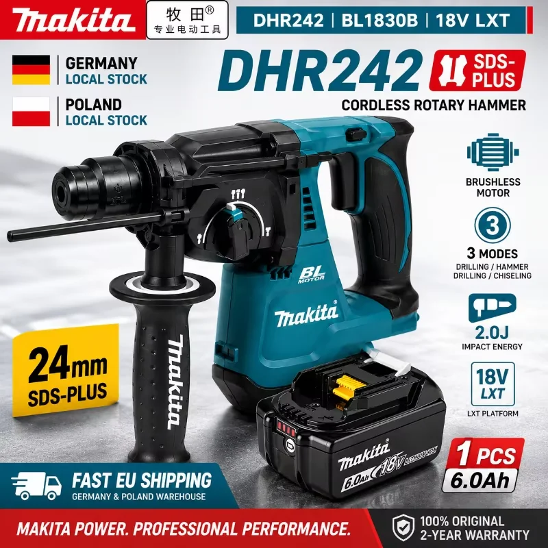 Image of Original Makita DHR242 18V bürstenloser Bohrhammer mit Makita 6,0Ah Akku & Schnellladegerät, 24mm SDS-Plus, 3-Modi, 2,0J Schlagkraft, professionelles Betonwerkzeug, EU-Lager