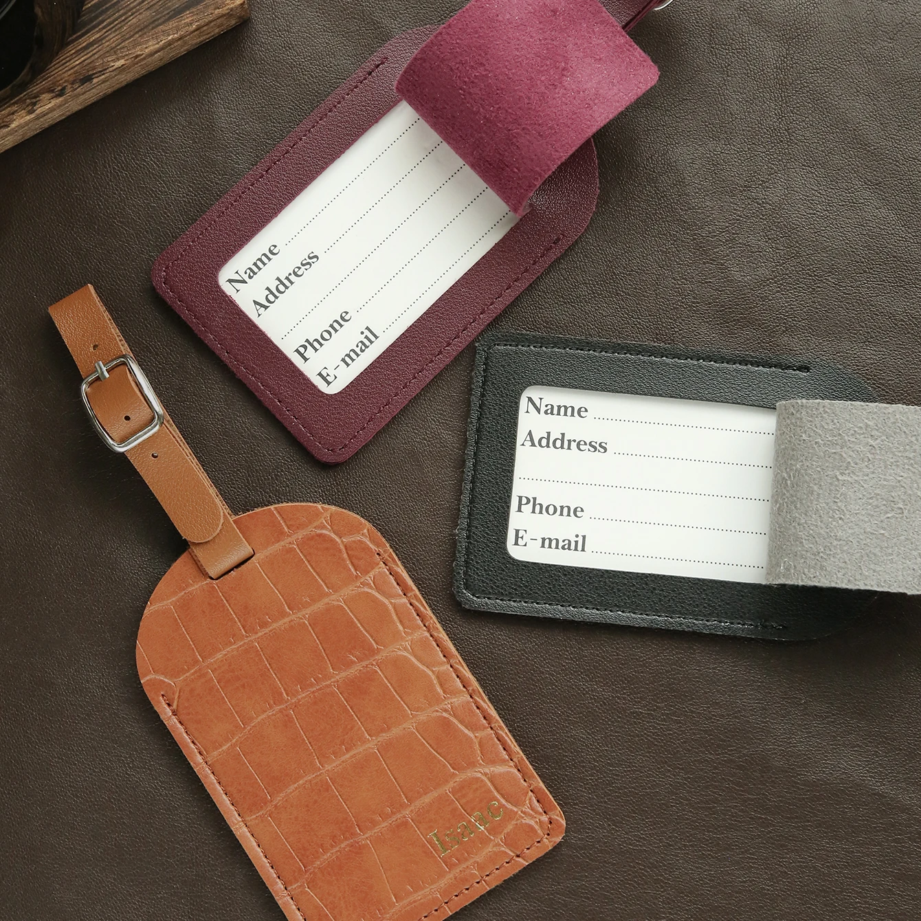 Personalized Custom Name Croc Texture Leather Luggage Tag Adjustable Buckle Flip Privacy Cover Suitcase Anti-Lost Travel Label view 5