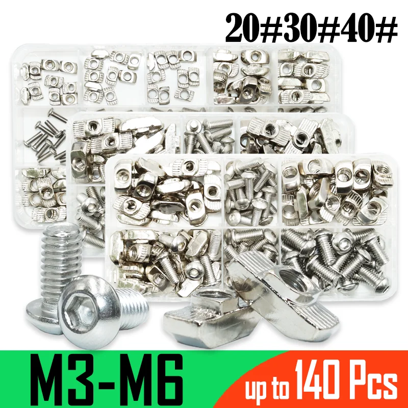 

140/Lot Stainless Steel Hexagon Socket Head Button Screw and T-nut Slot Sliding Nut In Connector 2020 3030 4040 Aluminum Profile