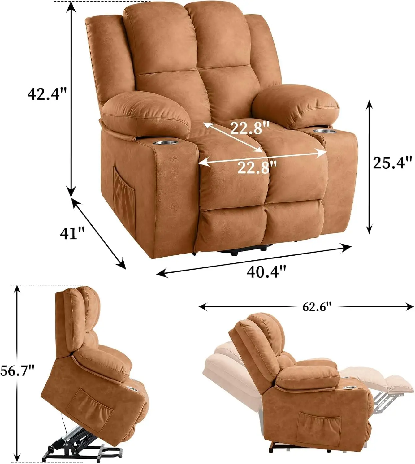 Oversized Power Lift Recliner Chair Sofa for Elderly with Massage, Fabric Recliner Chair, Spacious Seat, USB Port, Infinite