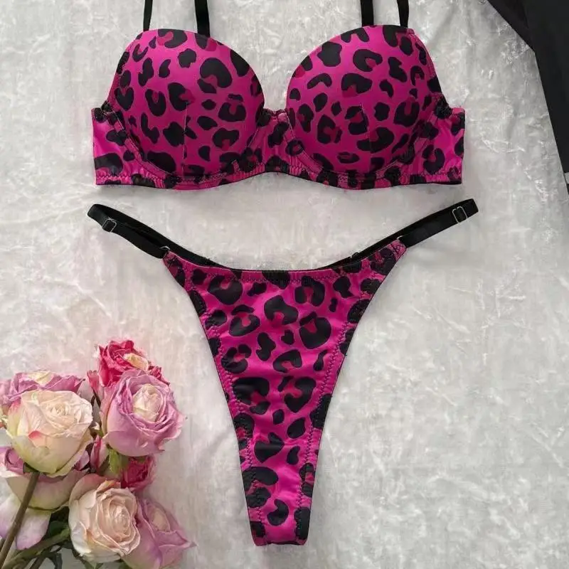 Damen Sexy Leopardenmuster Dessous-Set Komfortabler Figurformender Push-Up BH mit Stahlring und Raffung