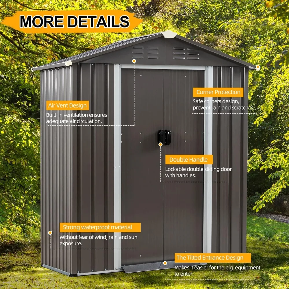 Abri de rangement extérieur, cabanon de jardin en métal étanche avec double porte verrouillable, cabane de rangement d'outils en acier avec degré météo