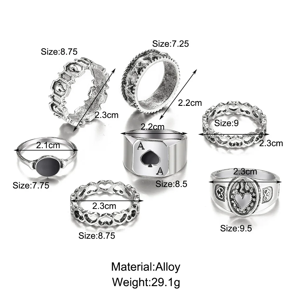 Vintage Silver Color Skull Heart Rings Set For Women Men Gothic Chain Retro Rings 2021 Trend Fashion Jewelry