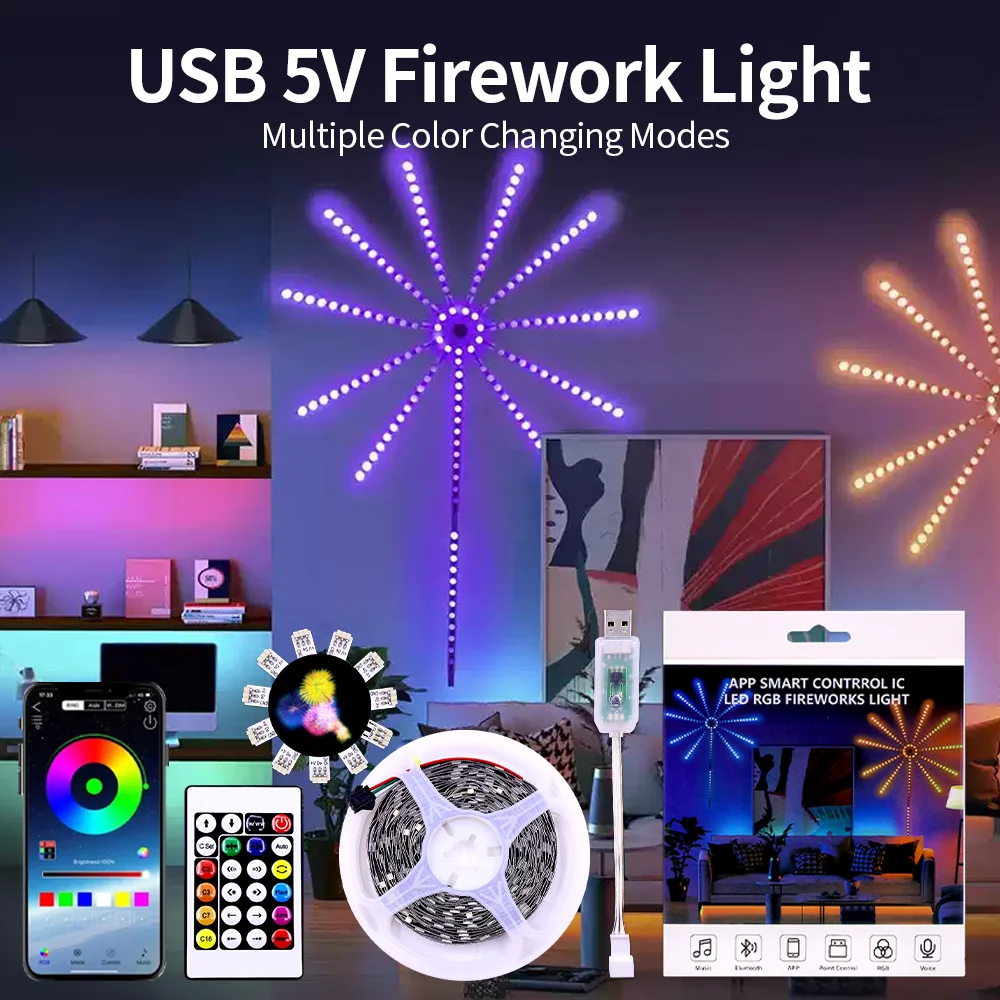 USB RGBIC Firework Lights Smart LED Strip Lights Bluetooth APP Control 5V Neon Strip Music Christmas Party Bedroom Decor Light