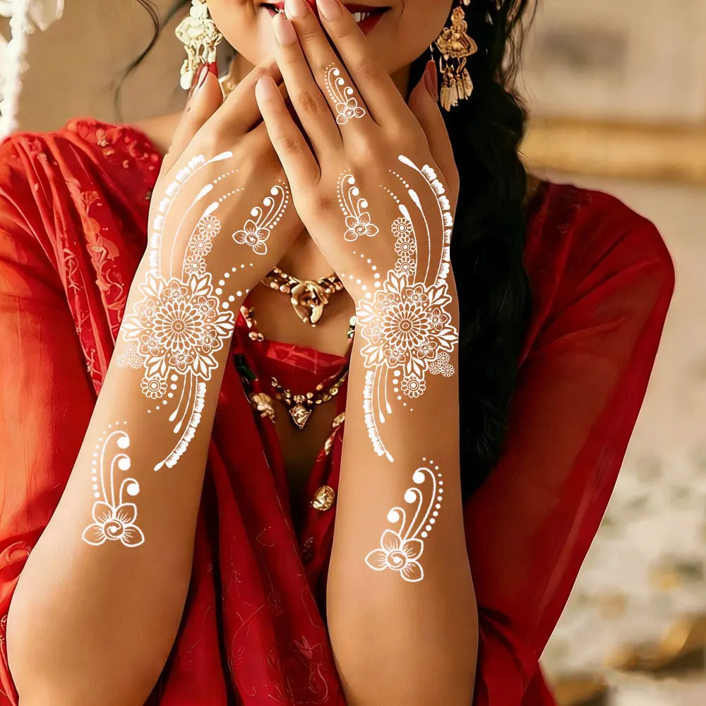 White Henna Tattoos for Women Flower Temporary Tattoo Sticker for Hand Body Art Sticker Henna Transfer Tattoo Wedding