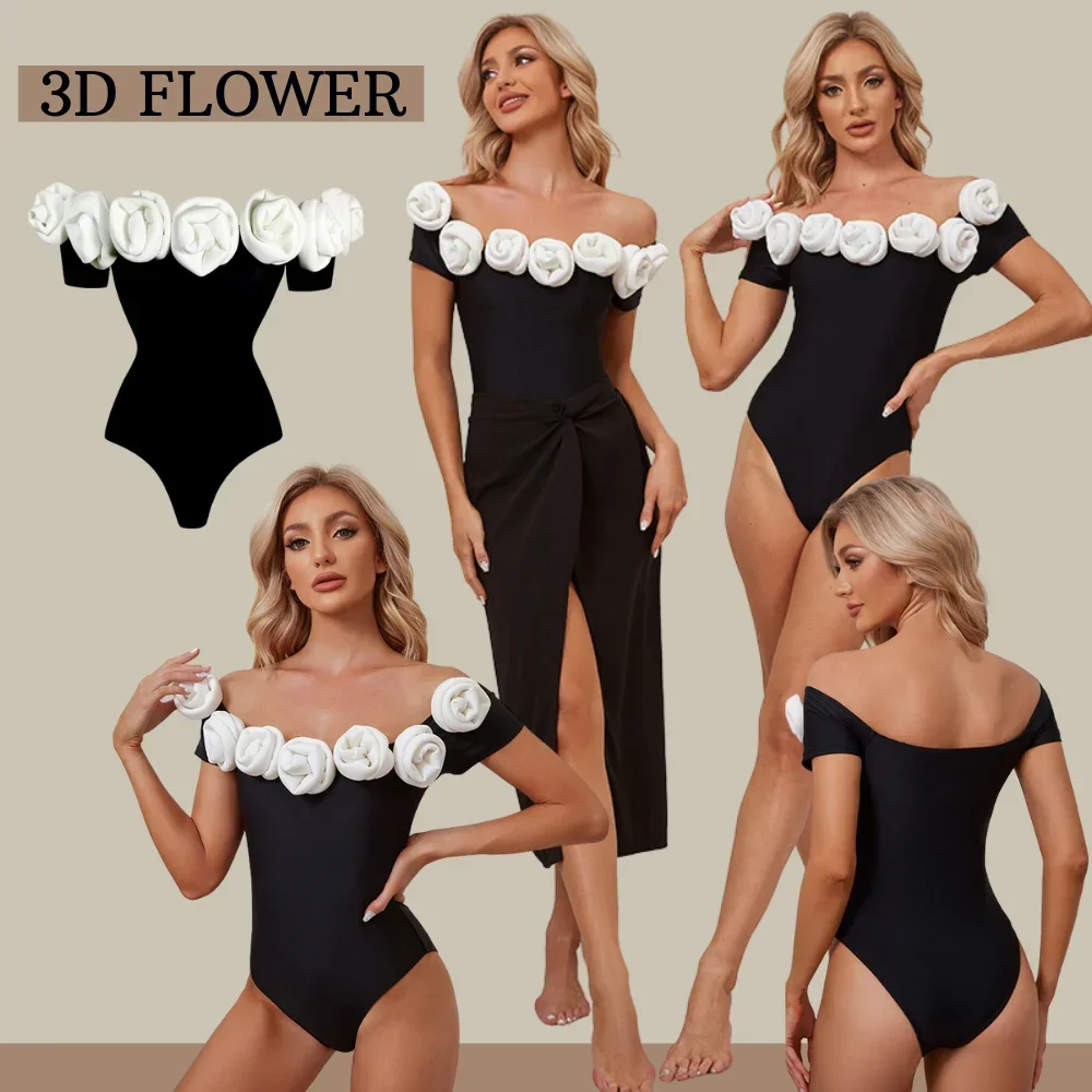 FLAXMAKER Vintage 3D White Flower Off spalla costume intero e gonna costumi da bagno Set donna Beachwear costume da bagno di lusso