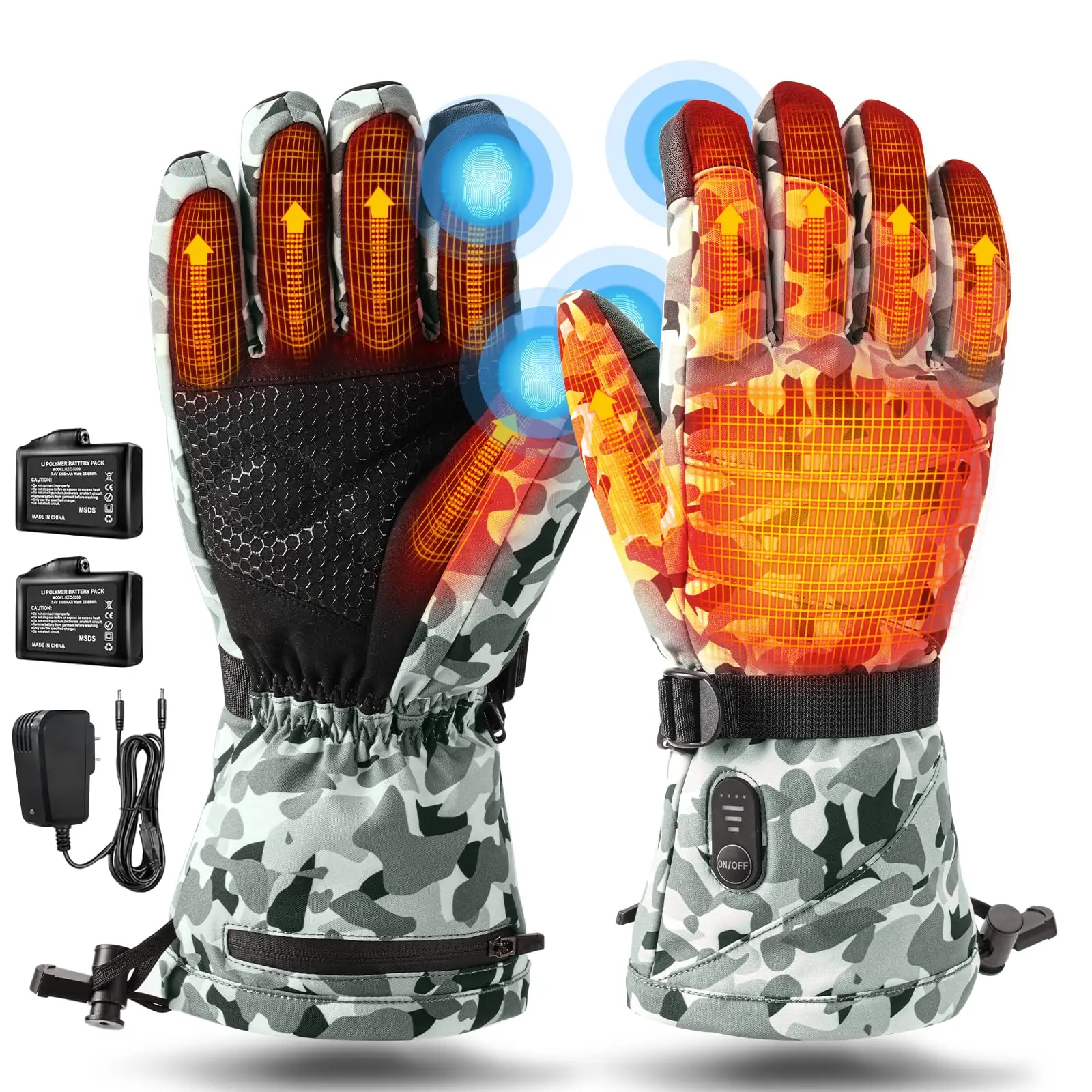 7.4V Heated Camo Gloves, Electric Rechargeable Waterproof Hunting Skiing Gloves, 3-Level Heat Winter Outdoor Thermal Gloves
