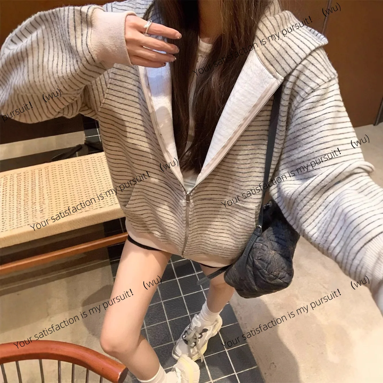 

Американский ретро полосатый кардиган с капюшоном, женский темпераментный универсальный свободный и тонкий топ