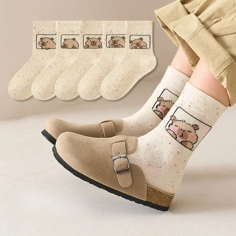 5-40Pairs Cartoon Capybara Cotton Socks for Kids and Adults Custom Expression Animal Pattern Warm Winter Dot Yarn Crew Sock Gift