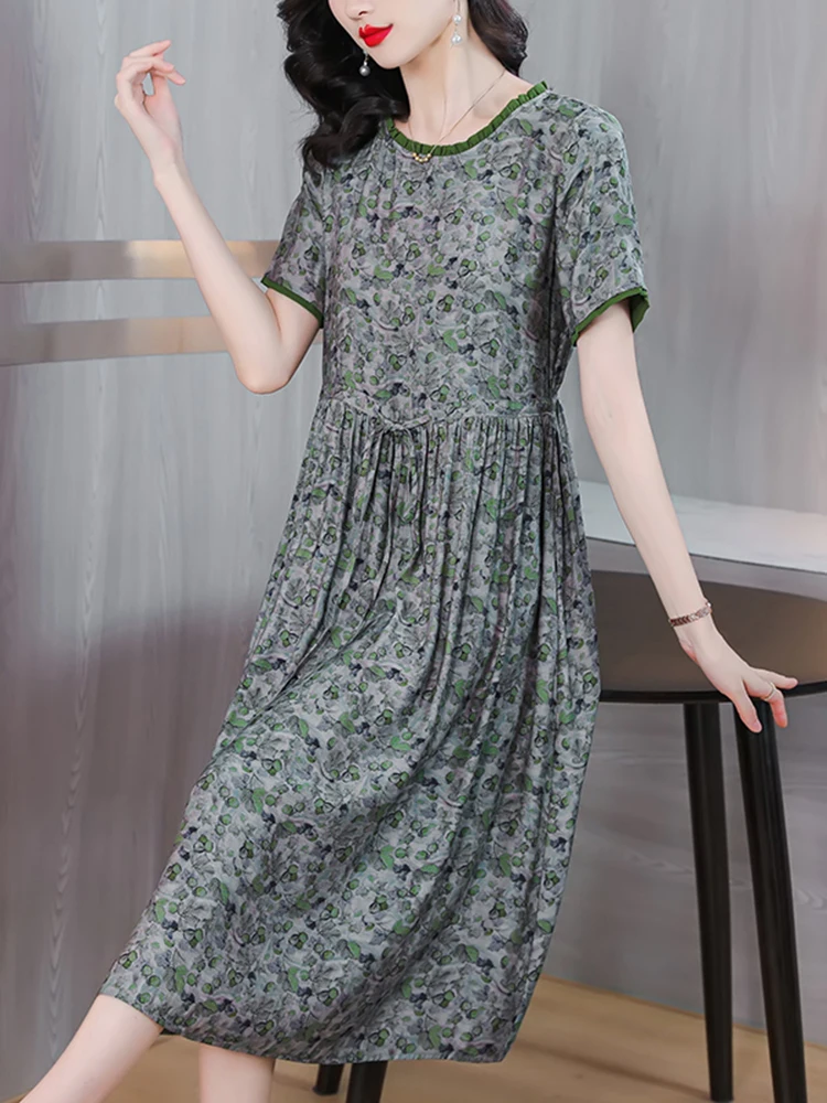 Summer Luxury Silk Short Sleeve Print Casual Midi Dress Women Chic Elegant Loose Waist Prom Clothes 2024 New Features of Dresses