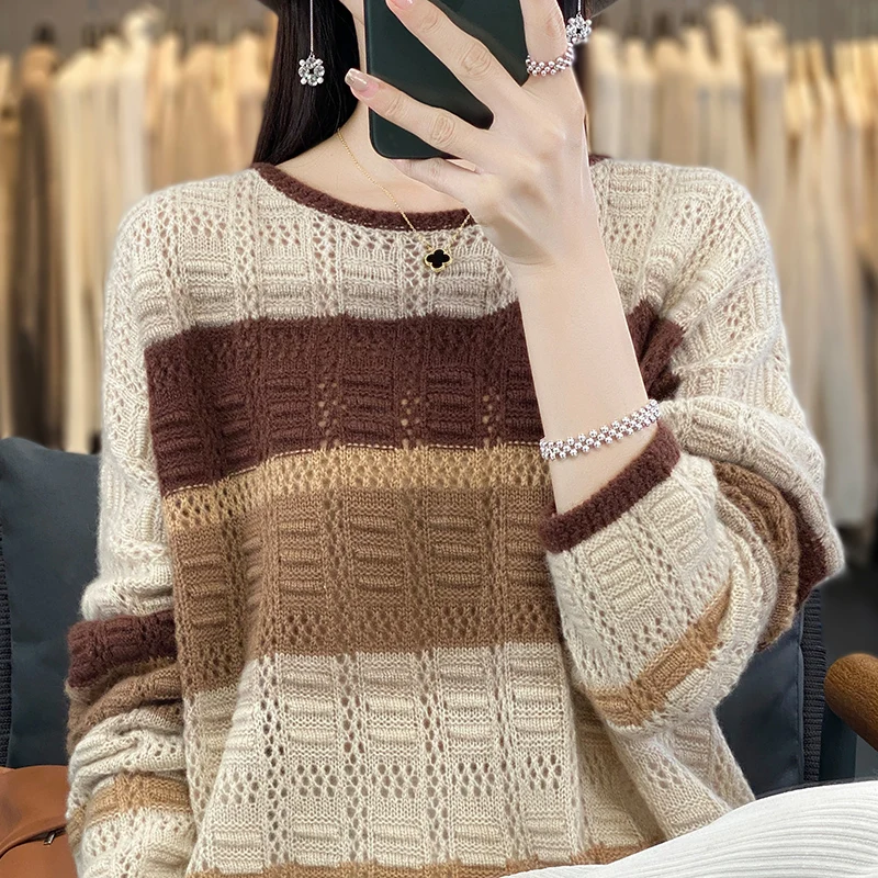 

Stripe contrast hollowed-out 100% pure sweater women's autumn and winter loose large-size pullover sweater design sense knit top