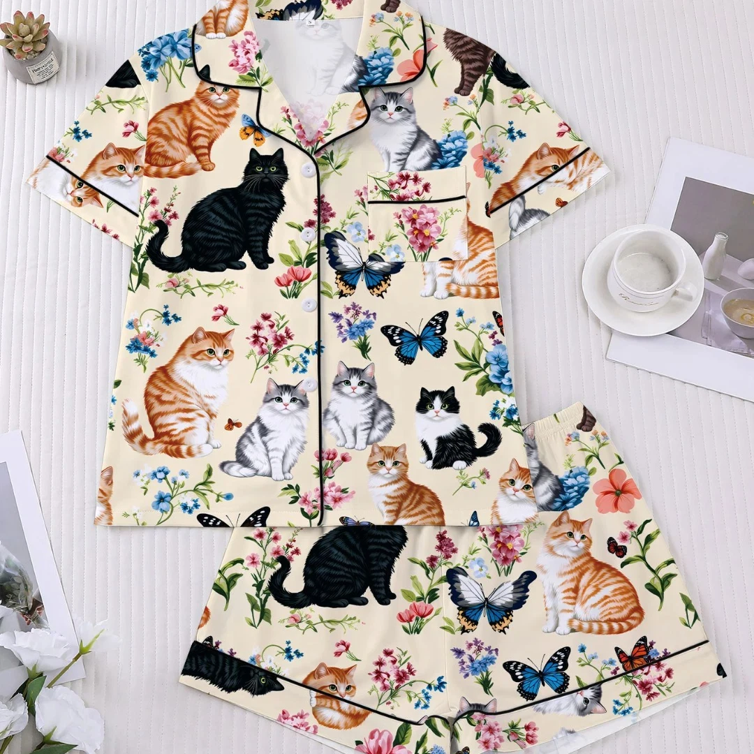 

Yellow Women Pajama Set Easter Themed with Butterfly and Cat Print Lapel Shorts sleeved and Shorts Pants Home Wear Gifts