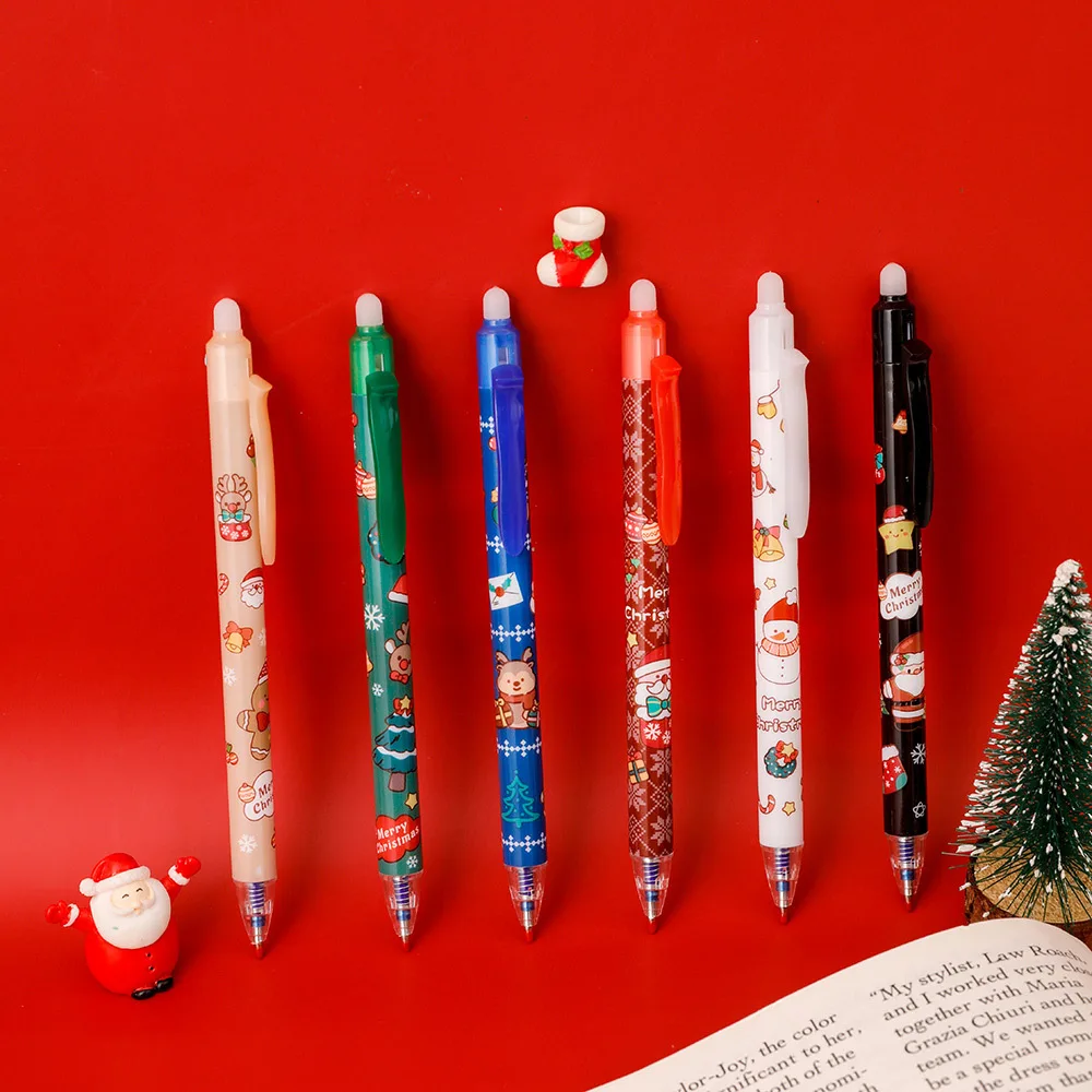 12Pcs/Lot Kawaii Christmas Themes Erasable Gel Pens 0.5mm Blue Ink Cute Santa Elk Snowmen Pen Gift Kids School Office Stationery