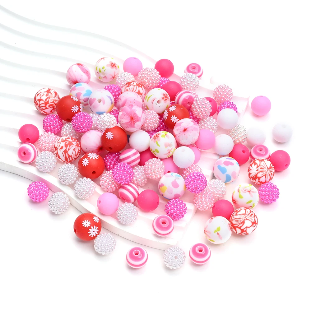 80Pcs Valentine's Day Silicone Focus Beads Set 15mm Pink Print Round Beads DIY Food Grade Baby Pacifier Chain Teether Jewelry