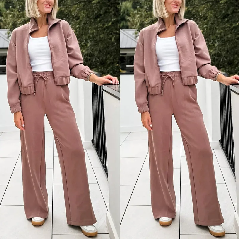 

Autumn Zippered Turtleneck Pullover Straight Pants Set, Women Festive Long Sleeve Fashion Set, Stretch Waist Simple Women's Set