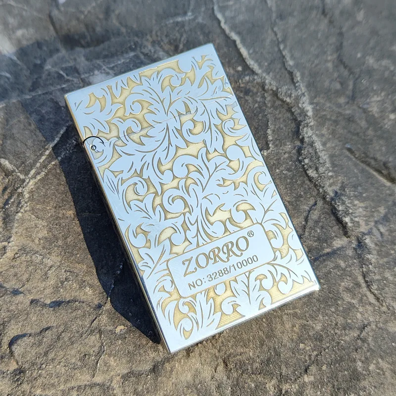 

Zorro белая никелевая световая пластина, латунная керосиновая зажигалка, стальной тон, гравировка, никель, медь, двухсторонний тисненый инструмент для курения