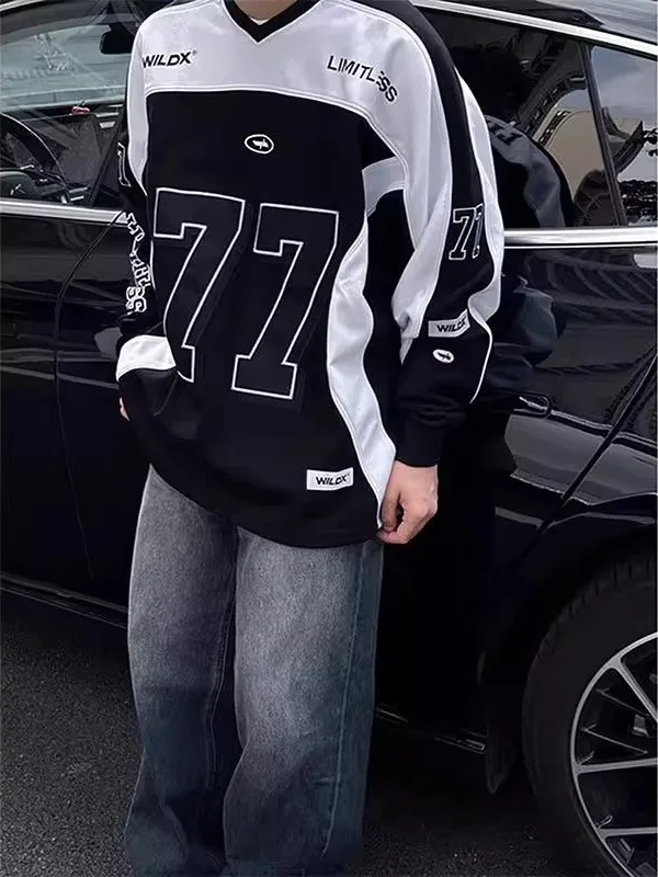 

plus Size 300 Pou Number 77 Racing Suit V-Ne Sweatirt Men's Spring Autumn American High Street Hiphop T-irt Casual S...