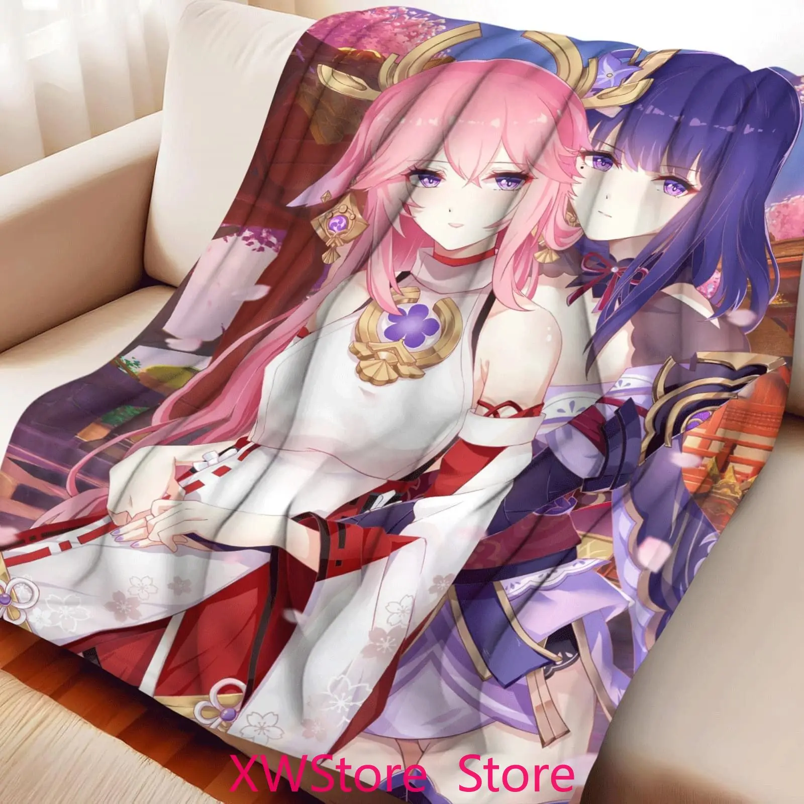 Genshin Impact Yae Miko Raiden Shogun Flannel Blanket Electro Archon Twin Goddesses Design