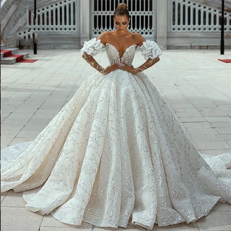 

Glitter Wedding Dress Sequins With Beading Ball Gown Detachable Full Sleeve Strapless Bride Zipper Customized Vestido De Novia