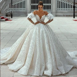 Glitter Wedding Dress Sequins With Beading Ball Gown Detachable Full Sleeve Strapless Bride Zipper Customized Vestido De Novia