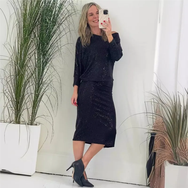 

Spring Fall Fashion Nightclub Sequined Evening Dress Women Sexy Party Midi Dresses Elegant Black Dress Vestidos Вечернее Elbise