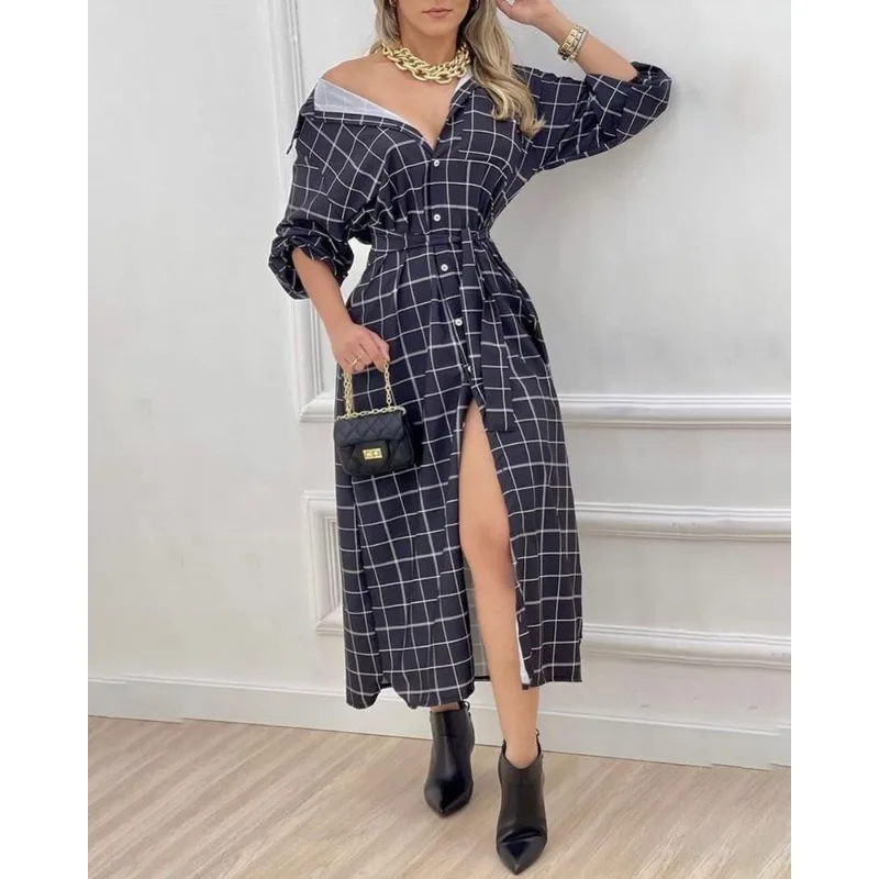 Vestido camisero a cuadros sin cinturón para mujer, vestidos elegantes holgados de manga larga, temperamento para viajes, Otoño, nuevo