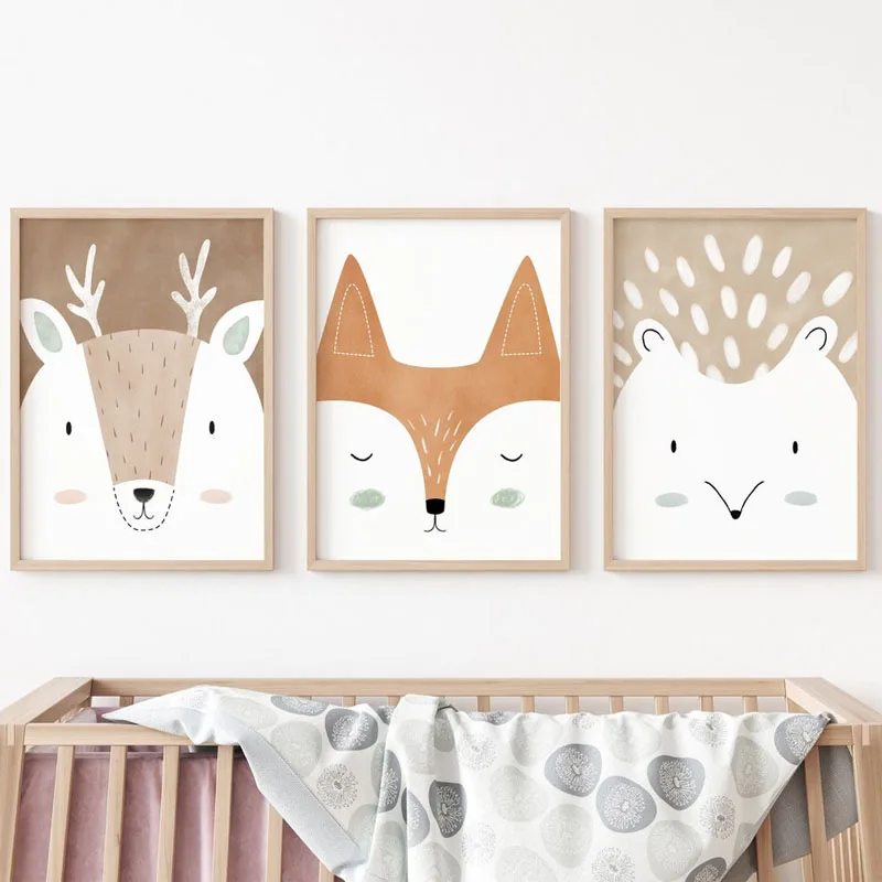 Deer Fox Rabbit Bear Hedgehog Woodland Nursery Wall Art Print Canvas Painting Nordic Poster Wall Pictures Baby Kids Room Decor