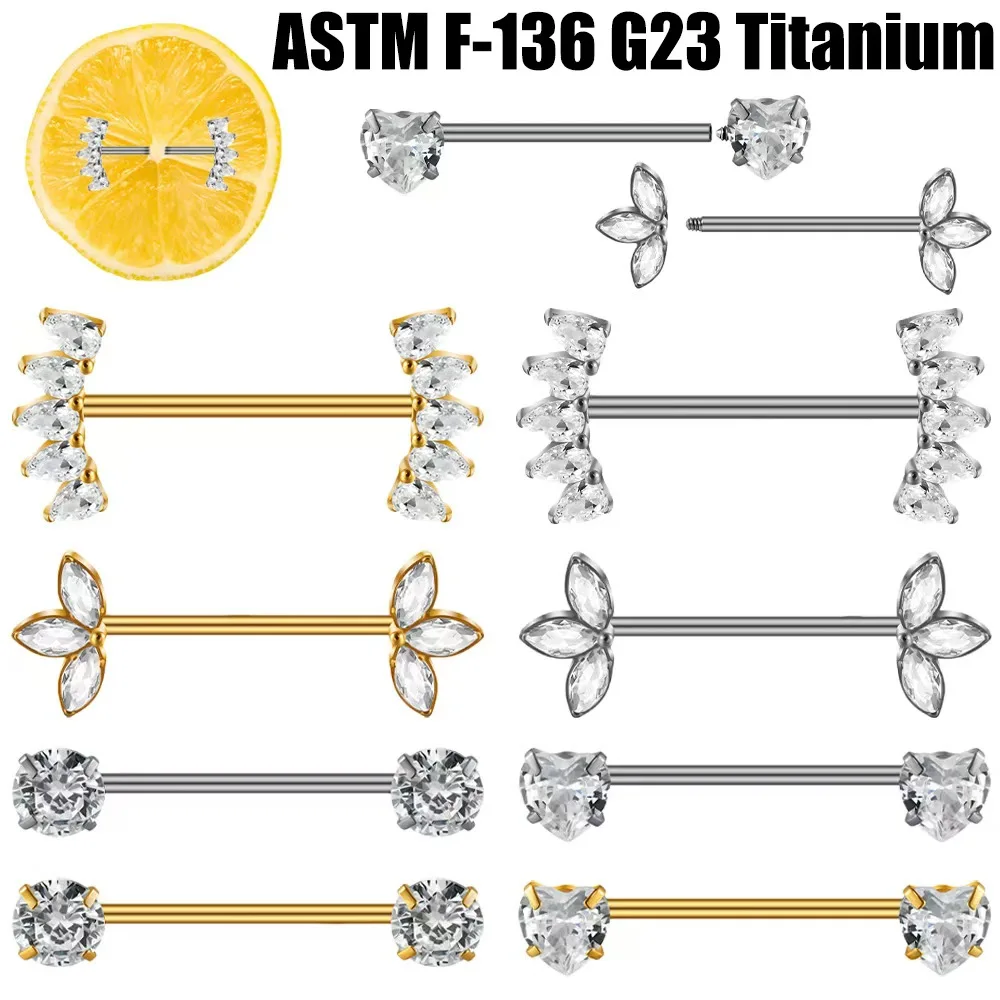 2PCS Heart Nipple Piercing Titanium CZ Crystal Sexy Leaf Nipple Shield Ring Nails Barbell Body Pierced Jewelry Chest Decor 16G