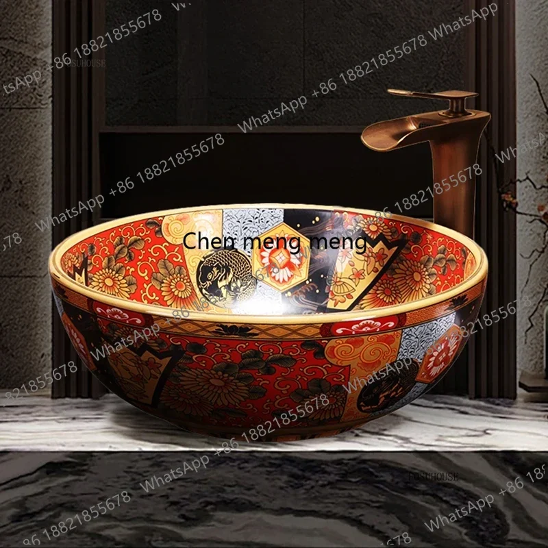 

Европейская керамическая раковина в американском стиле, ретро-умывальник для ванной комнаты, круглая одинарная раковина для дома, балкона, туалета, креативная, расписанная вручную.