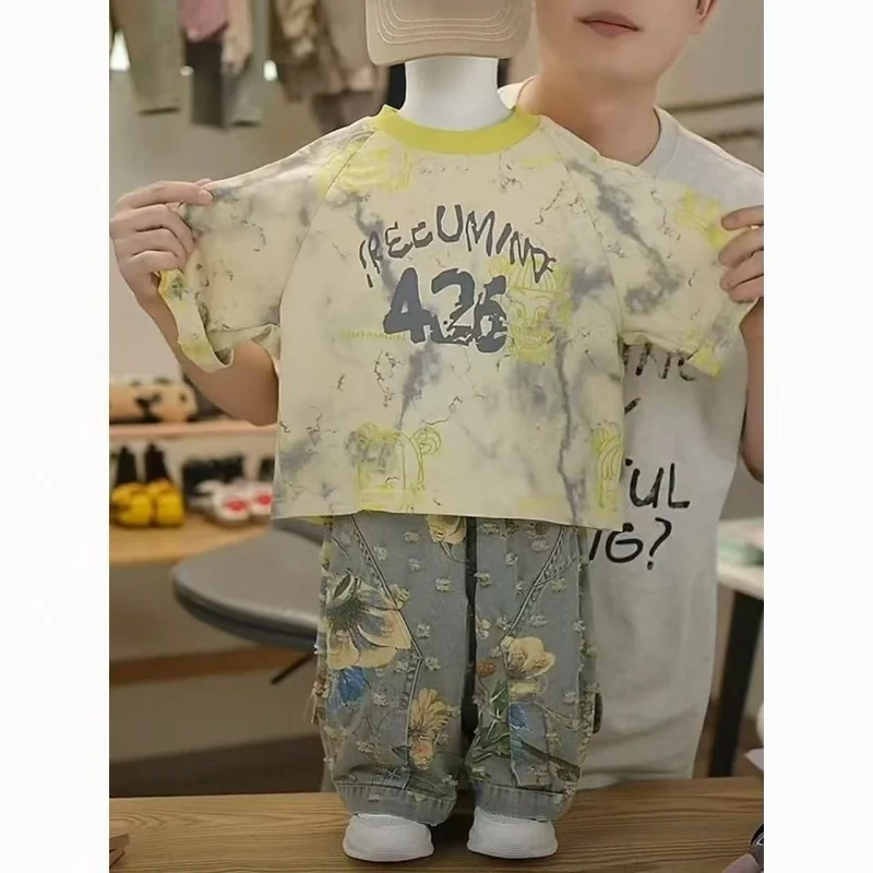Children's Summer Short Sleeve Set 2026 New Style Boys' Fashion Tie Dyeing Short Sleeve Loose Jeans Two Piece Set