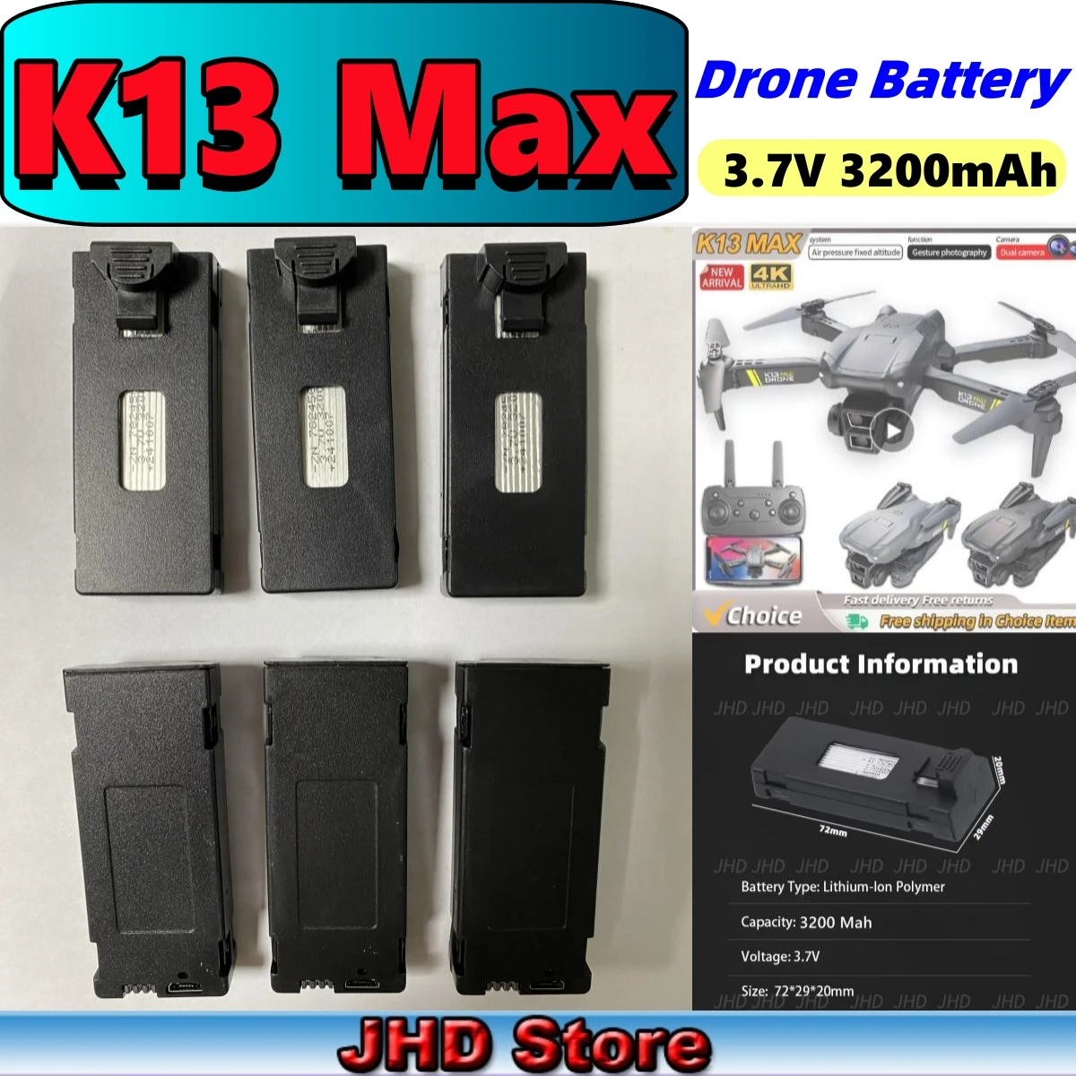 JHD K13 MAX Drone Battery K13 Battery K13MAX RC Drone Spare Parts 3.7V 3200Mah Battery/USB K13 max Battery Wholesale