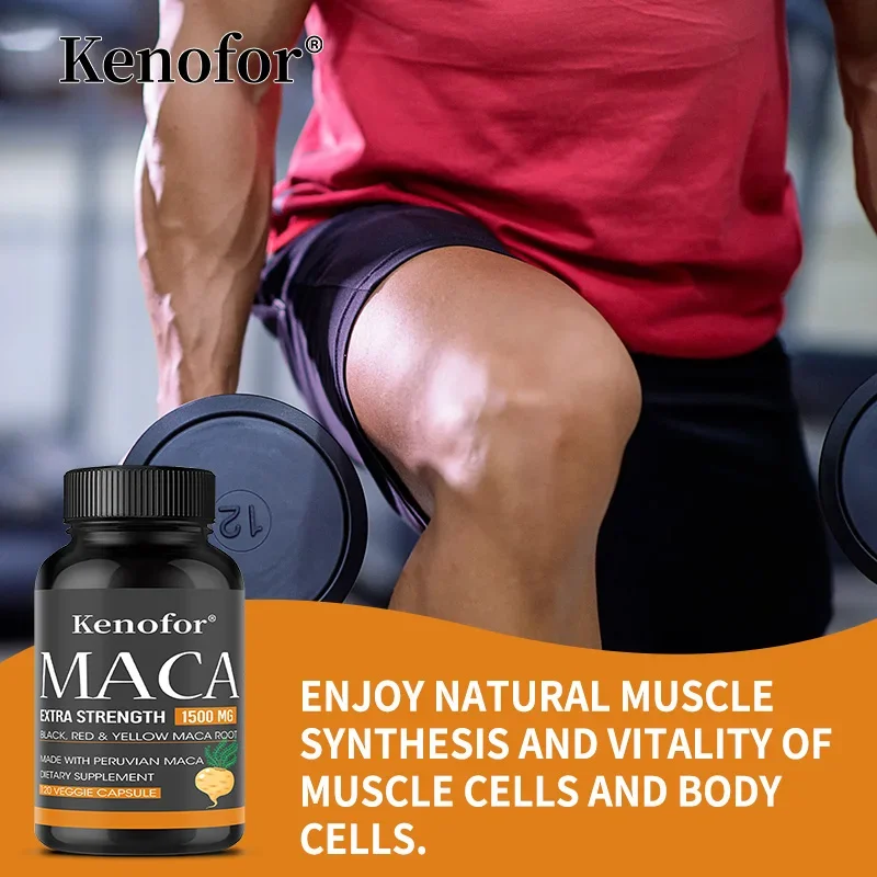 كبسولات الماكا العضوية، تحتوي على مستخلصات جذر الماكا باللون الأسود والأحمر والأصفر لتعزيز الطاقة والقدرة على التحمل وكتلة العضلات