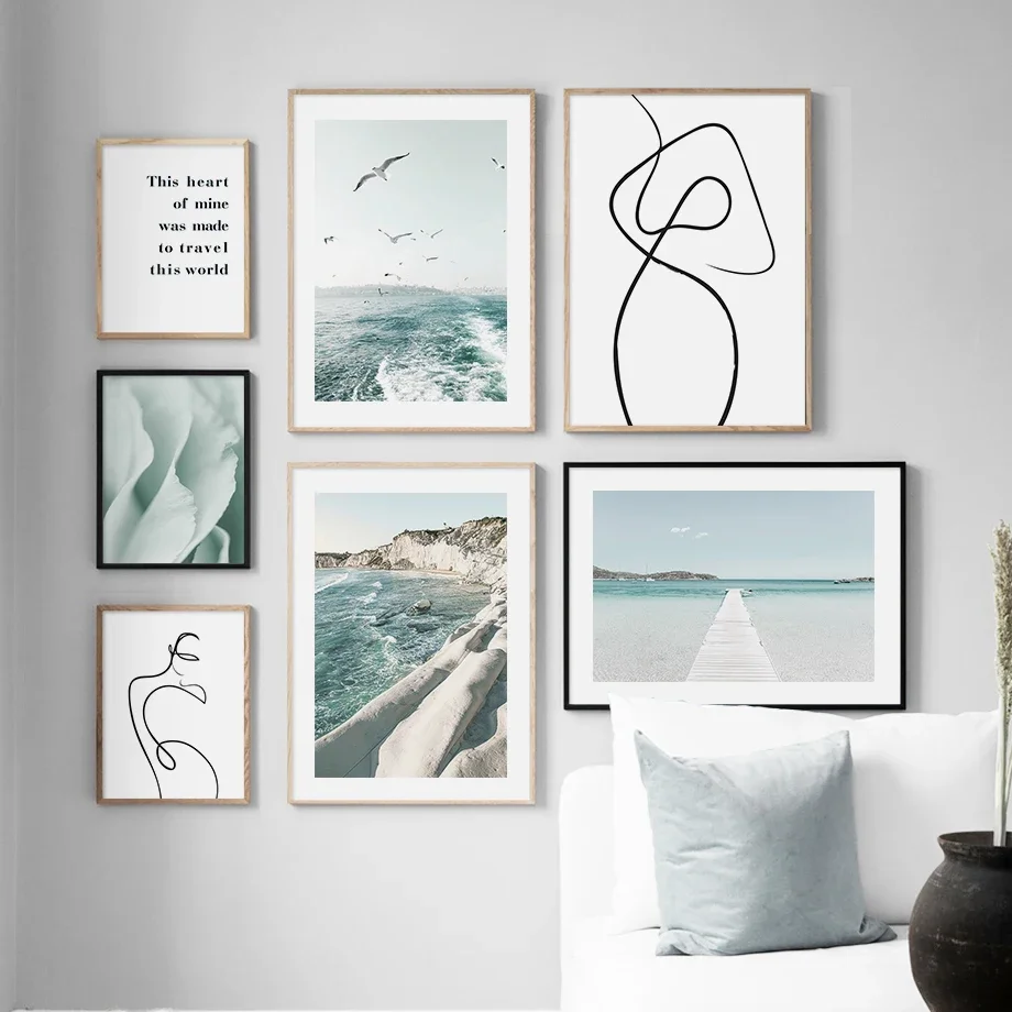 

Blue Sea Coast Drew Line Body Abstract Wall Art Canvas Painting Nordic Posters And Prints Wall Pictures For Living Room Decor